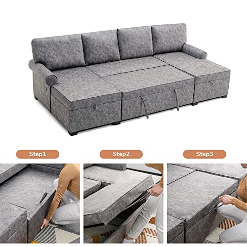 Merax Sectional Sofa Living Room Modern U Shaped Couch with Sleeper Bed, Double Storage Spaces and 2 USB Charging Ports Chaises Longues, Brushed Gray