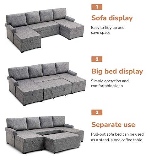 Merax Sectional Sofa Living Room Modern U Shaped Couch with Sleeper Bed, Double Storage Spaces and 2 USB Charging Ports Chaises Longues, Brushed Gray