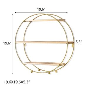 Joveco Round Floating Shelves Wall Mounted Shelf Sturdy Wood Golden Metal Decorative Shelf for Living Room Bedroom Bathroom Kitchen Office Living Room Laundry Room (Gold)