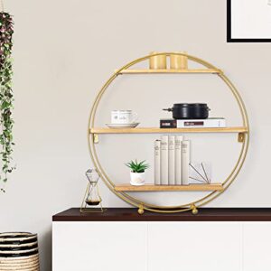 Joveco Round Floating Shelves Wall Mounted Shelf Sturdy Wood Golden Metal Decorative Shelf for Living Room Bedroom Bathroom Kitchen Office Living Room Laundry Room (Gold)