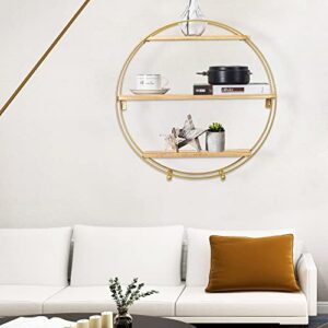 Joveco Round Floating Shelves Wall Mounted Shelf Sturdy Wood Golden Metal Decorative Shelf for Living Room Bedroom Bathroom Kitchen Office Living Room Laundry Room (Gold)
