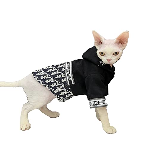 Sphynx Cat Clothes Winter Thicken Limited Edition Fashion Vintage Coat Zip Splicing Design Jacket Cat Apparel Pet Clothes for Cat (XXL(11-15lbs), Tide Card)