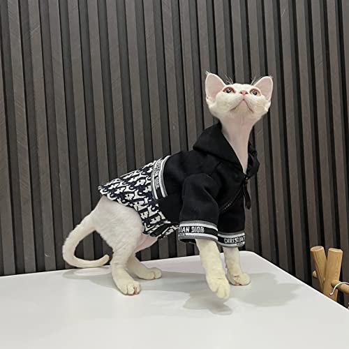 Sphynx Cat Clothes Winter Thicken Limited Edition Fashion Vintage Coat Zip Splicing Design Jacket Cat Apparel Pet Clothes for Cat (XXL(11-15lbs), Tide Card)