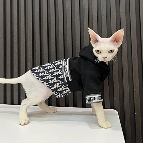 Sphynx Cat Clothes Winter Thicken Limited Edition Fashion Vintage Coat Zip Splicing Design Jacket Cat Apparel Pet Clothes for Cat (XXL(11-15lbs), Tide Card)