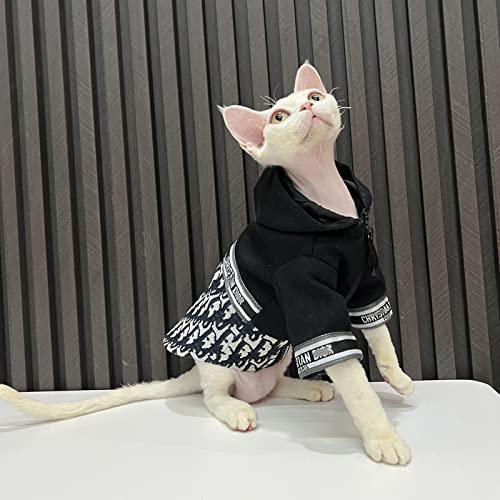 Sphynx Cat Clothes Winter Thicken Limited Edition Fashion Vintage Coat Zip Splicing Design Jacket Cat Apparel Pet Clothes for Cat (XXL(11-15lbs), Tide Card)