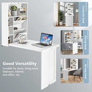 GOFLAME Wall Mounted Desk, Folding Floating Desk with 3-Tier Tilt Storage Partition and Adjustable Shelves, Space-Saving Fold up Desk Laptop Desk, Convertible Writing Desk for Home Office (White)