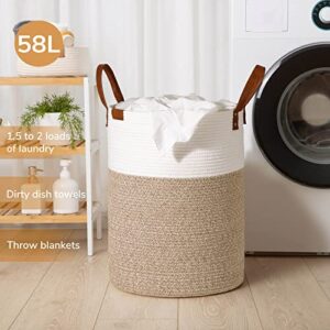 CHICVITA Tall Laundry Basket, Storage Basket for Organizing with Leather Handles, Large Dirty Clothes Hamper for Nursery Dog Toy basket, Towel Basket for Blankets Storage in Bathroom Organizer, 58L