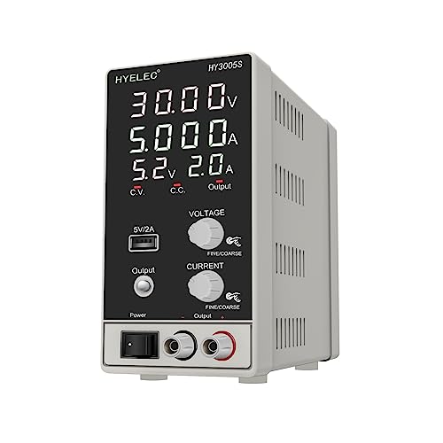 DC Power Supply Variable 30V 5A, Hyelec Adjustable Switching Regulated Power Supply with 4-Digit LED Display, Coarse and Fine Adjustments,5V2A USB Interface,110V Input Voltage