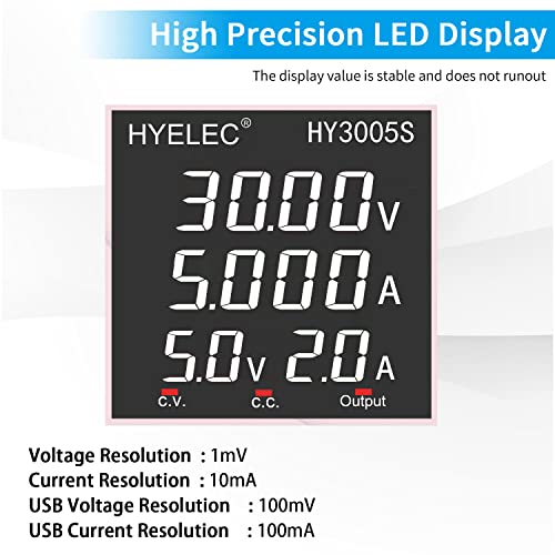 DC Power Supply Variable 30V 5A, Hyelec Adjustable Switching Regulated Power Supply with 4-Digit LED Display, Coarse and Fine Adjustments,5V2A USB Interface,110V Input Voltage