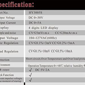 DC Power Supply Variable 30V 5A, Hyelec Adjustable Switching Regulated Power Supply with 4-Digit LED Display, Coarse and Fine Adjustments,5V2A USB Interface,110V Input Voltage