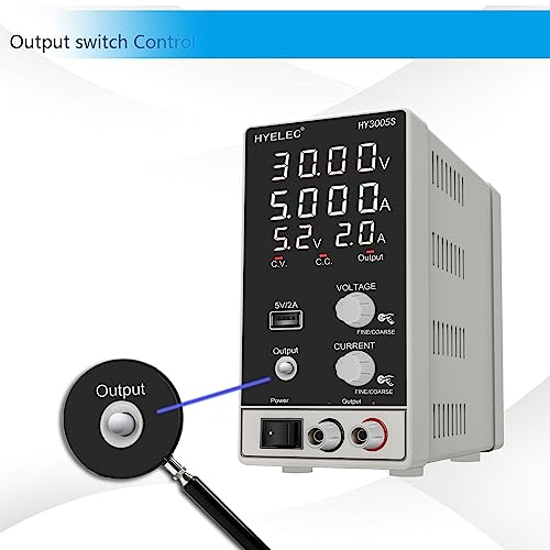 DC Power Supply Variable 30V 5A, Hyelec Adjustable Switching Regulated Power Supply with 4-Digit LED Display, Coarse and Fine Adjustments,5V2A USB Interface,110V Input Voltage