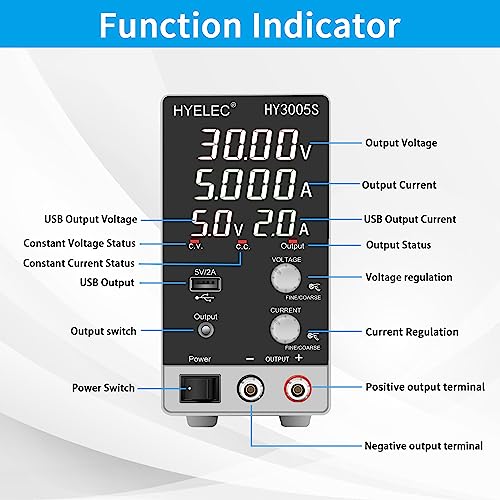 DC Power Supply Variable 30V 5A, Hyelec Adjustable Switching Regulated Power Supply with 4-Digit LED Display, Coarse and Fine Adjustments,5V2A USB Interface,110V Input Voltage