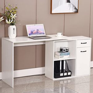 HOFFREE L-Shaped Rotating Computer Desk with Storage Shelves 68 inch Home Office Corner Desk with Drawers and File Cabinet Multipurpose Study Writing Table for Bedroom Small Space White
