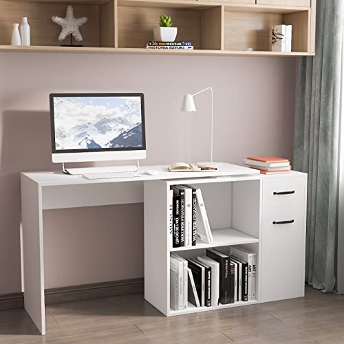 HOFFREE L-Shaped Rotating Computer Desk with Storage Shelves 68 inch Home Office Corner Desk with Drawers and File Cabinet Multipurpose Study Writing Table for Bedroom Small Space White
