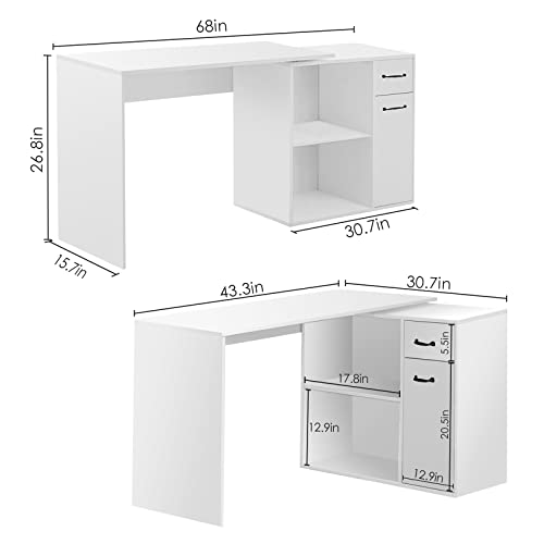 HOFFREE L-Shaped Rotating Computer Desk with Storage Shelves 68 inch Home Office Corner Desk with Drawers and File Cabinet Multipurpose Study Writing Table for Bedroom Small Space White