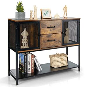 petsite sideboard buffet with storage cabinet, industrial coffee bar console table credenza with mesh doors, drawers & shelf for kitchen entryway, rustic brown