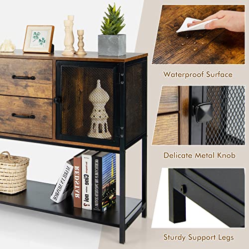 PETSITE Sideboard Buffet with Storage Cabinet, Industrial Coffee Bar Console Table Credenza with Mesh Doors, Drawers & Shelf for Kitchen Entryway, Rustic Brown