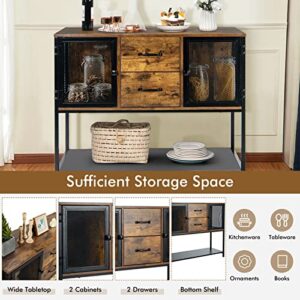 PETSITE Sideboard Buffet with Storage Cabinet, Industrial Coffee Bar Console Table Credenza with Mesh Doors, Drawers & Shelf for Kitchen Entryway, Rustic Brown