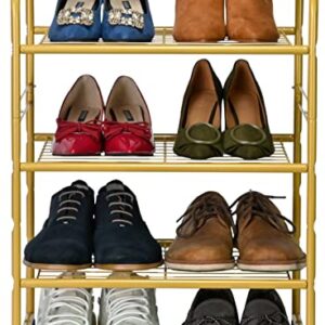 wkokos 3-Tier Small Shoe Rack, Stackable Narrow Shoe Shelf Storage Organizer, Heavy Duty Metal Free Standing Shoe Rack for Entryway Closet Doorway, Gold