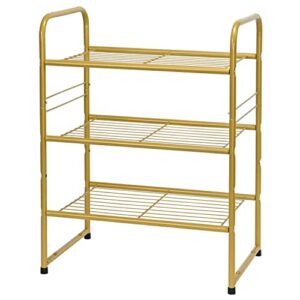 wkokos 3-Tier Small Shoe Rack, Stackable Narrow Shoe Shelf Storage Organizer, Heavy Duty Metal Free Standing Shoe Rack for Entryway Closet Doorway, Gold