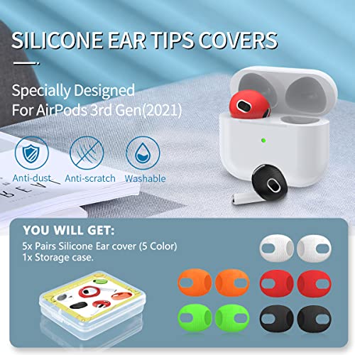 [5-Pairs] for AirPods 3 Ear Tips Covers【Fit in The Charging Case】, AIBEAMER Silicone Anti-Slip/Dust Ear Covers Accessories Compatible with AirPods 3rd Generation 2021 (Black,Red,Green,Orange,White)