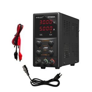 dc power supply variable 30v 5a, hyelec switching power supply with 5v 2a usb output, adjustable regulated power supply with 4-digits led power display, alligator leads including,110v input voltage