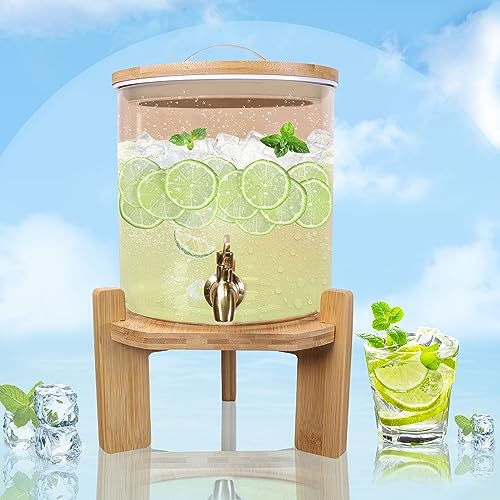 1.3 Gallon Beverage Dispenser 5 L Glass Drink Dispenser for Both Iced or Hot Drinks with Wood Stand & Extra Replacement 304 Stainless Steel Faucet Sets for Glass Jar Container by U.S. SOLID
