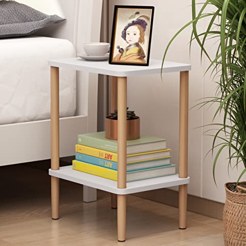 NUTMAK Side Table, Slim Nightstand Bedside Table with Solid Wood Legs, 2-Tier End Table with Storage Shelf for Living Room Bedroom Entryway, No-Tool Assembly.