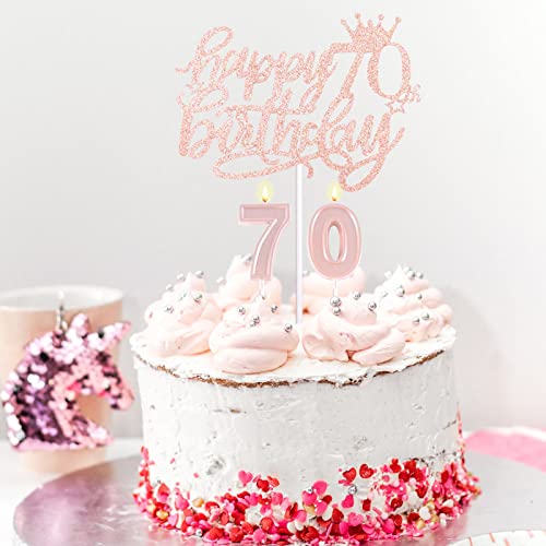 70th Birthday Decorations for Woman, 70th Birthday Sash, Tiara Crown, Canvas Makeup Bag, Cake Topper & Candles, 70th Birthday Gifts for Her Birthday Party