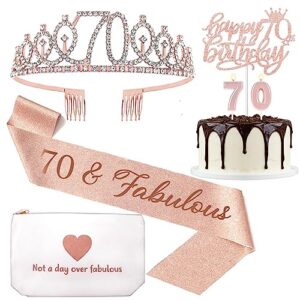 70th birthday decorations for woman, 70th birthday sash, tiara crown, canvas makeup bag, cake topper & candles, 70th birthday gifts for her birthday party