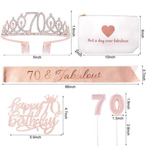 70th Birthday Decorations for Woman, 70th Birthday Sash, Tiara Crown, Canvas Makeup Bag, Cake Topper & Candles, 70th Birthday Gifts for Her Birthday Party