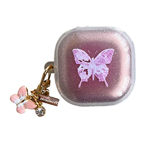 AOLABOKY Earphone Case for Samsung Galaxy Buds Live/Buds pro/Buds 2/Buds2 pro Charging Box,Beautiful Butterfly Shiny Transparent Headset Protective case with Keychain (Pink)