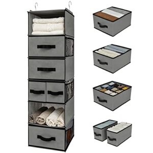 granny says hanging closet organizer 6 shelves, closet organization and storage with 5 different drawers, 6 side pockets wardrobe clothes organizer for closet, gray, 1-pack