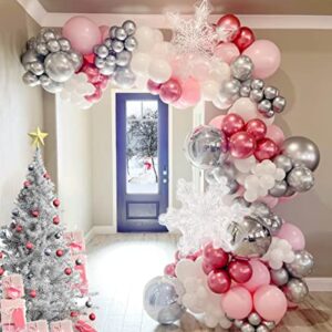 Pink Winter Wonderland Balloon Garland arch Kit Pink Chrome Silver Red White With 2 Large Snowflake Balloons for Onederland Girl Princess Birthday Party baby its cold outside baby shower decorations