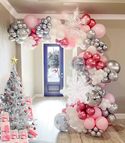 Pink Winter Wonderland Balloon Garland arch Kit Pink Chrome Silver Red White With 2 Large Snowflake Balloons for Onederland Girl Princess Birthday Party baby its cold outside baby shower decorations