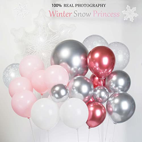 Pink Winter Wonderland Balloon Garland arch Kit Pink Chrome Silver Red White With 2 Large Snowflake Balloons for Onederland Girl Princess Birthday Party baby its cold outside baby shower decorations