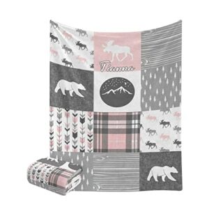 personalized patchwork woodland bear reindeer blanket with name text custom super soft fleece throw blankets for couch sofa bed 50 x 60 inches