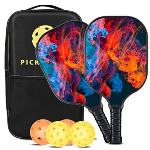 pickleball paddles, pickleball paddles set fiberglass surface polypropylene honeycomb core, non-slip grip, lightweight pickleball set of 2 & 2 indoor outdoor balls & bag