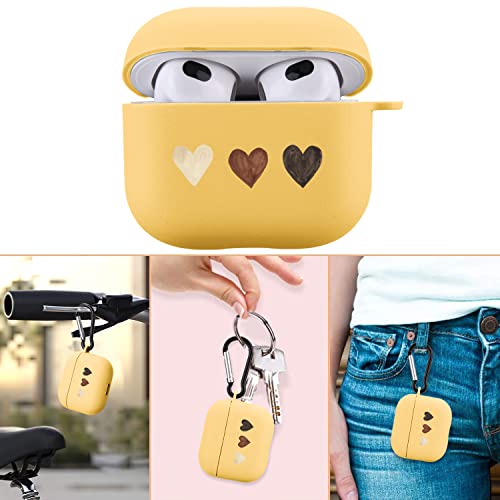 Cute Heart Case Compatible with AirPods 3 with Keychain, Cartoon Beige Design Soft TPU Cover for AirPods 3rd Generation Charging Case Smooth Protective Shell for Girl Women(Yellow