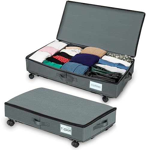 HYSEYY Under Bed Storage with Wheels 34L 2Pack Underbed Storage-Thicken 600D Oxford Cloth Under the Bed Containers with 3Handles and Label Holder-Storage Bins for Blanket, Comforter, Clothes, Toy