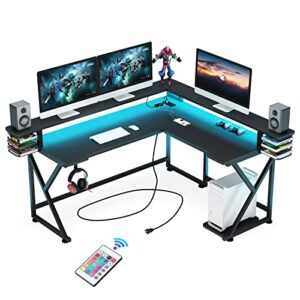 tribesigns computer desk l shaped with led lights & power outlet, 61 inch l-shaped computer corner desk with monitor stand, ergonomic home office gaming desk with usb port & hook (black)