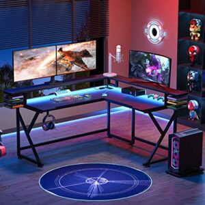 Tribesigns Computer Desk L Shaped with Led Lights & Power Outlet, 61 inch L-Shaped Computer Corner Desk with Monitor Stand, Ergonomic Home Office Gaming Desk with USB Port & Hook (Black)