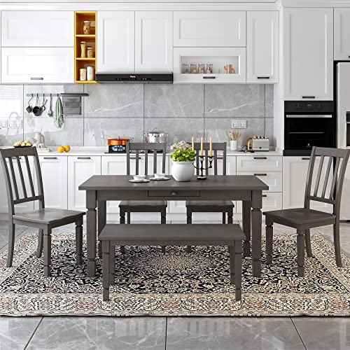 GLORHOME 6 Pieces Kitchen Dining Set for 6, Rectangular Wood Table with Little Drawers and 4 Chairs 1 Bench for Family, Gray