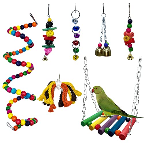 7Pcs Bird Parakeet Toy Chewing Hanging Toy Set, Parrot Cage Accessories Bird Swing Bird Ladder for Parrots Lovebird Cockatiel Conure