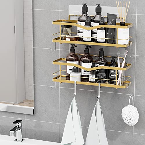 MZF 2-Pack Shower Caddy, No Drilling Adhesive Shower Shelf, Rustproof Stainless Steel Bathroom Shower Organizer Storage, Shower Shelf for Inside Shower & Kitchen Storage, Gold