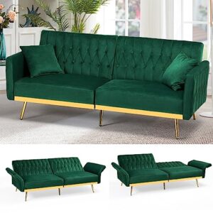 acmease 70” velvet futon sofa bed w/adjustable backrests and armrests, convertible futon couch with two pillows, modern tufted sleeper bed for living room, bedroom,green