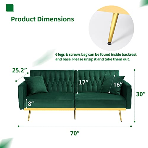 ACMEASE 70” Velvet Futon Sofa Bed w/Adjustable Backrests and Armrests, Convertible Futon Couch with Two Pillows, Modern Tufted Sleeper Bed for Living Room, Bedroom,Green