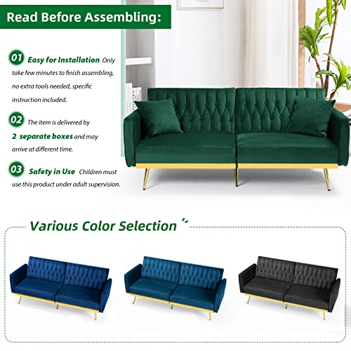 ACMEASE 70” Velvet Futon Sofa Bed w/Adjustable Backrests and Armrests, Convertible Futon Couch with Two Pillows, Modern Tufted Sleeper Bed for Living Room, Bedroom,Green