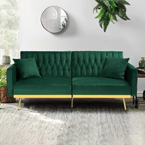 ACMEASE 70” Velvet Futon Sofa Bed w/Adjustable Backrests and Armrests, Convertible Futon Couch with Two Pillows, Modern Tufted Sleeper Bed for Living Room, Bedroom,Green