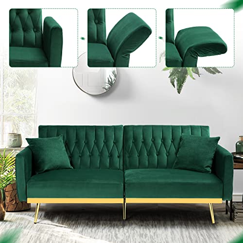 ACMEASE 70” Velvet Futon Sofa Bed w/Adjustable Backrests and Armrests, Convertible Futon Couch with Two Pillows, Modern Tufted Sleeper Bed for Living Room, Bedroom,Green